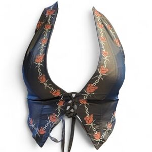 BABEWEAR Painted Clothing Goth Floral Barbed Wire Halter Top with Lace-Up Detail